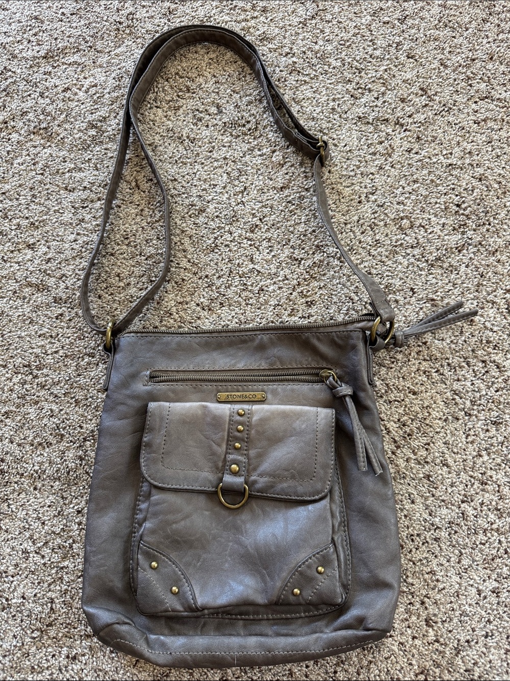 Stone & Co. Gray Taupe Crossbody Bag with Studded Front Pocket